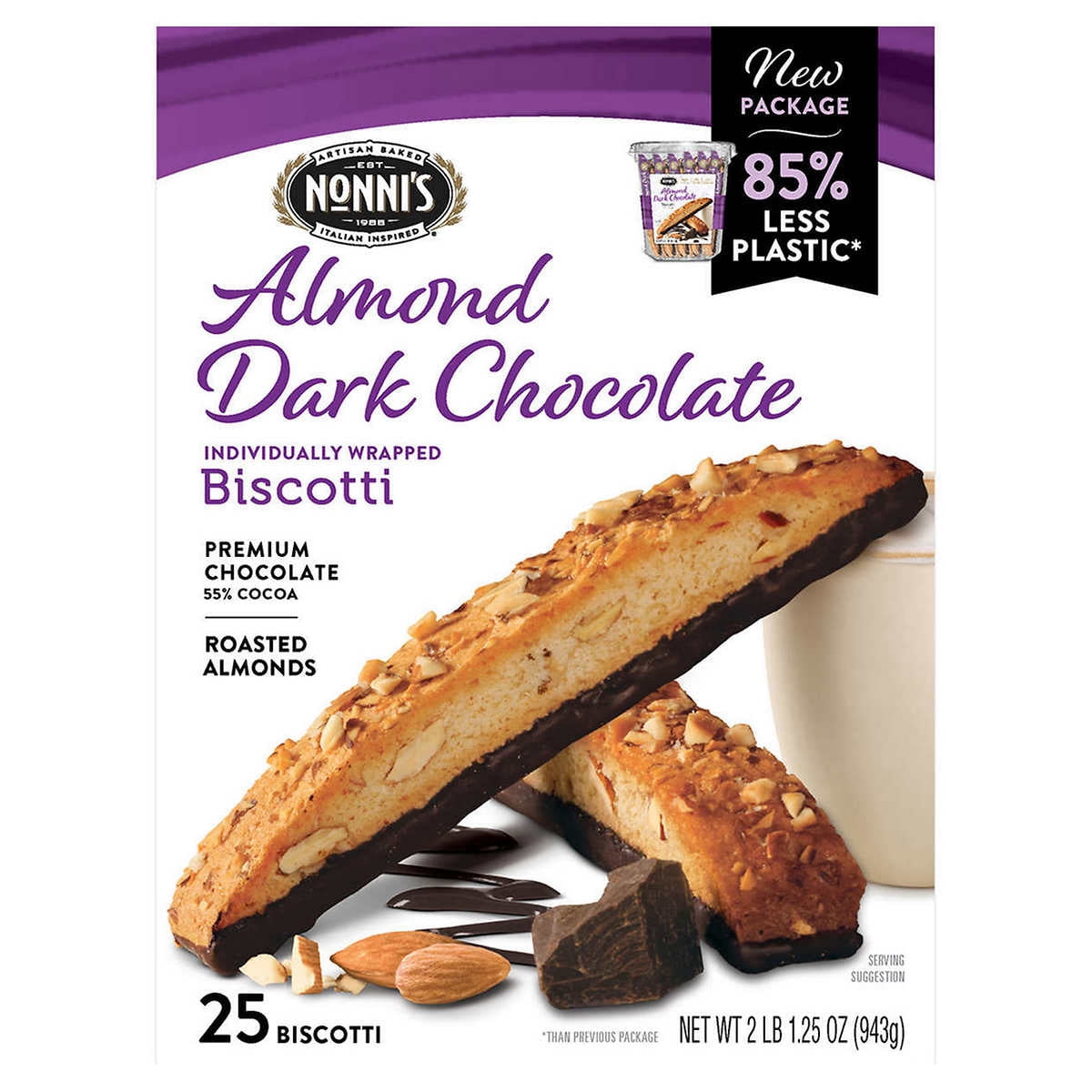 Nonni s Biscotti Almond Dark Chocolate 1.33 Ounce (25 Count)