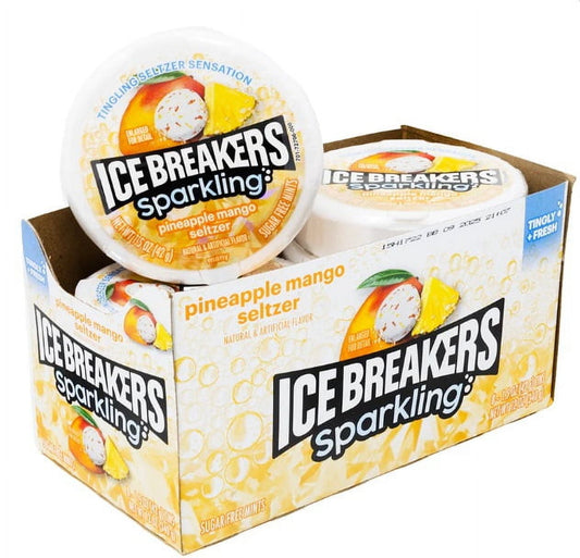 ICE BREAKERS SPARKLING PINEAPPLE MANGO SELTZER FLAVORED MINTS PUCK BOX