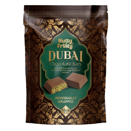 Nutty Fruity Dubai Chocolate Bars, Milk Chocolate Filled with Pistachios and Crunchy Kaday?f, 16oz (454g), Individually Wrapped