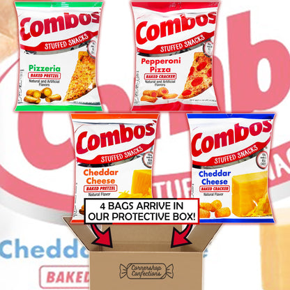 Combos Stuffed Snack 4 Flavors 1 Each Bulk Variety Share Pack - Pepperoni Pizza Baked Cracker, Cheddar Cheese Cracker, Pizzeria Baked Pretzel, Cheddar Cheese Pretzel In Cornershop Confections Pack