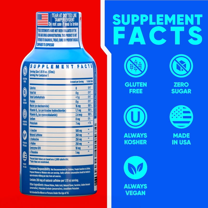 Vitamin Energy Hydration+ Energy Drink Shots, Blue Raspberry flavor, Up to 7+ Hours of Energy, 1.93 Fl Oz, 12 Count