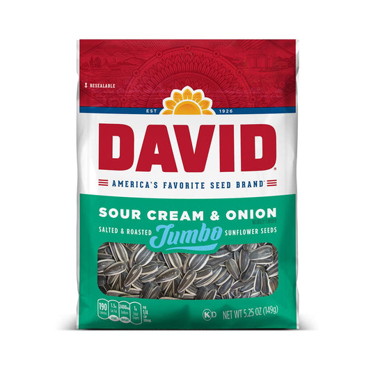 DAVID Sour Cream & Onion Jumbo Sunflower Seeds, Keto Friendly, 5.25-oz. Resealable Bag 5.25 Ounce (Pack of 1)