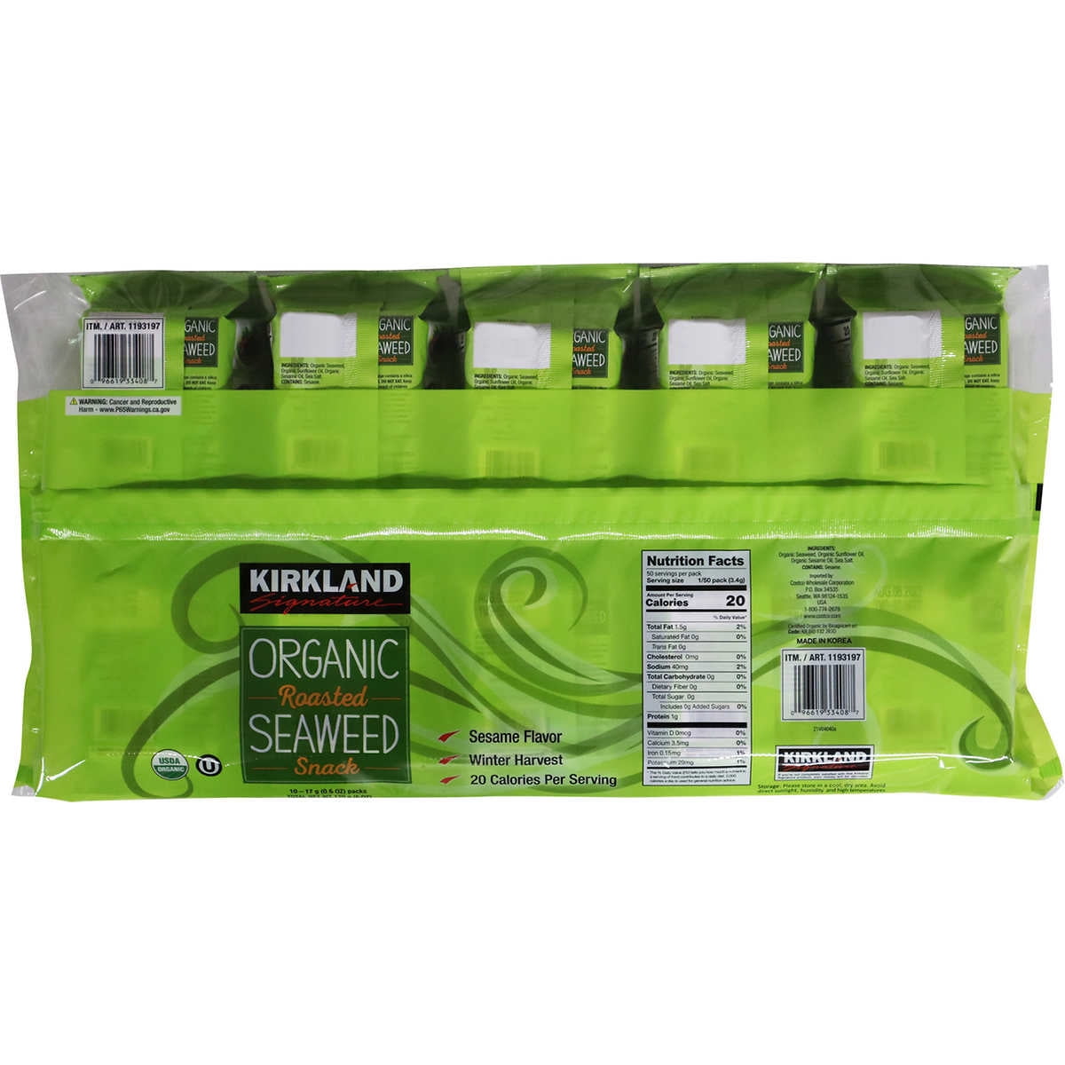 Kirkland Signature Organic Roasted Seaweed with Sesame Oil 0.6 Ounce (10 Count)