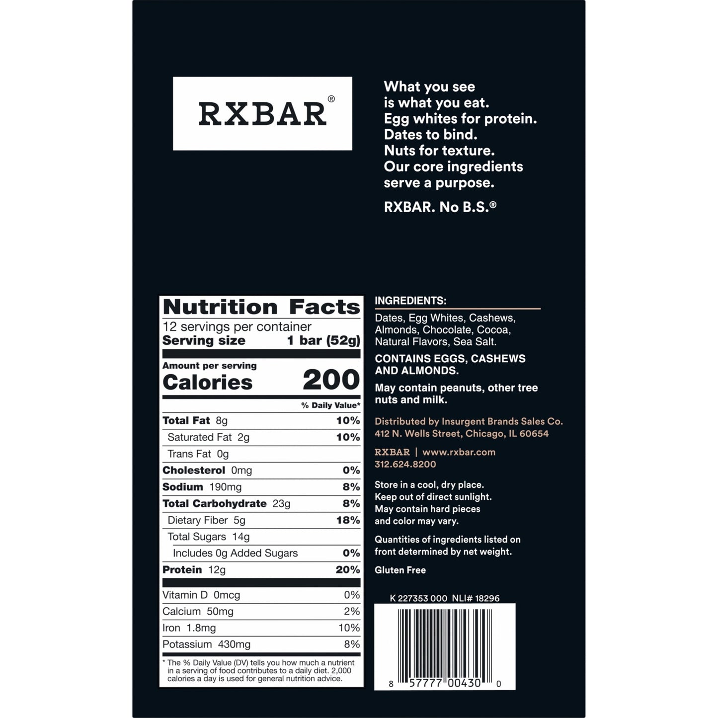 RXBAR Protein Bars Gluten-Free, Chocolate Sea Salt, 12 Count