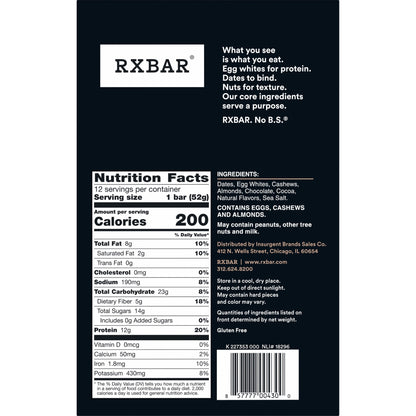 RXBAR Protein Bars Gluten-Free, Chocolate Sea Salt, 12 Count