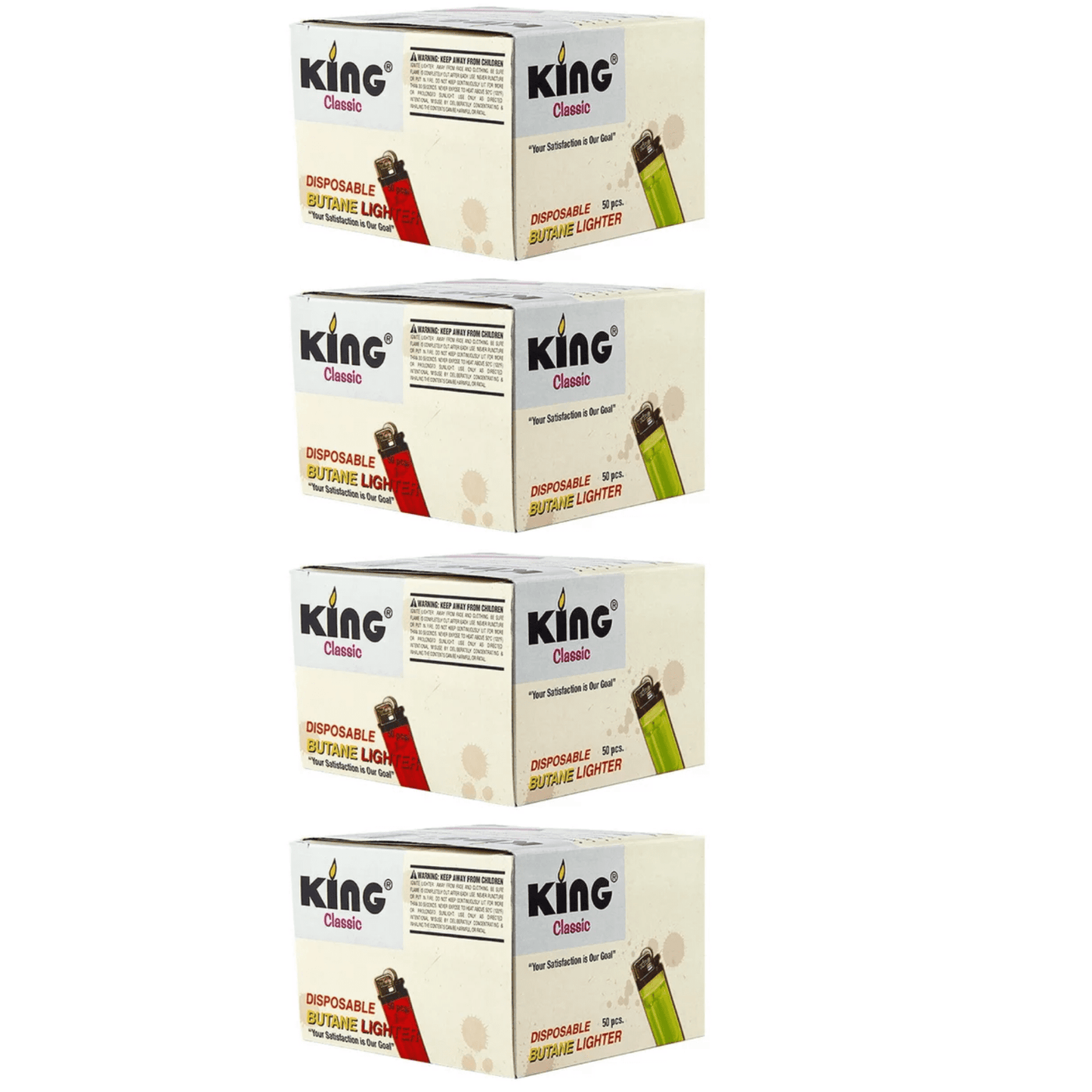 King Classic Disposable Butane Lighters Assorted Colors 50 Lighters Per Box 200 Count 4 Boxes