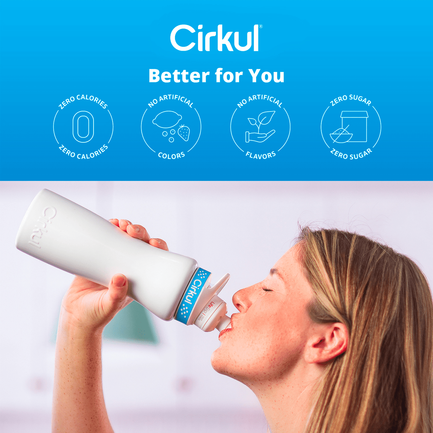 Cirkul 22 oz White Stainless Steel Bottle Starter Kit with Blue Lid and 2 Flavor Cartridges (Fruit Punch & Mixed Berry)