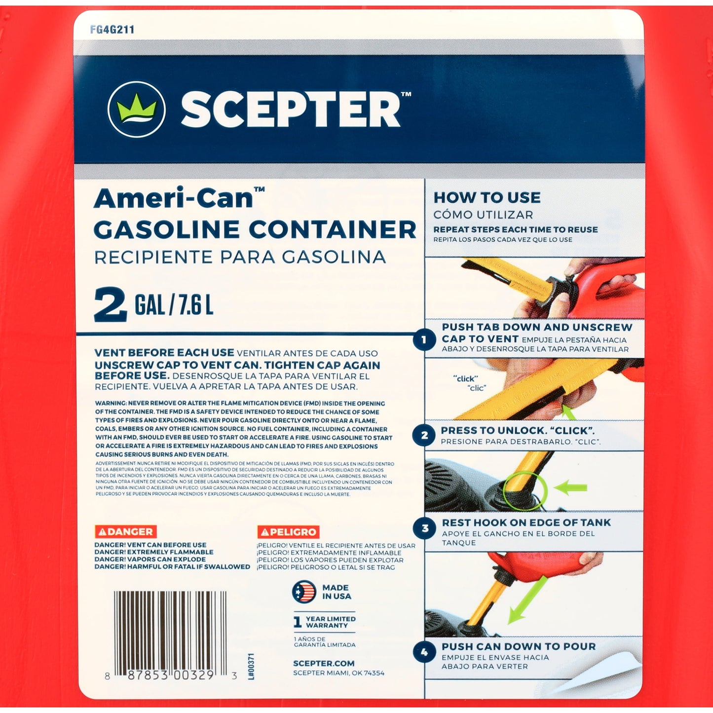 Scepter Ameri-Can 2 Gallon Gas Can, FG4G211, Red