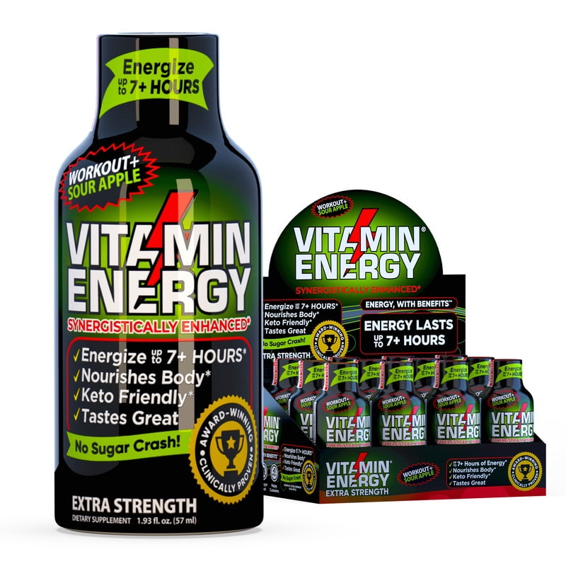 Pre Workout Vitamin Energy Drink- Keto Friendly Sugar Free Shots, Natural Clean Green Tea Caffeine with Proprietary Endurance Blend, Energize up to 7+ Hours- Sour Apple- 1.93 Fl Oz (Pack of 12)