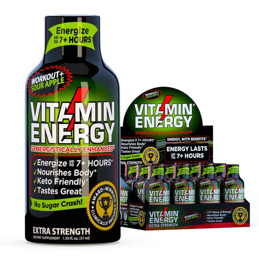 Pre Workout Vitamin Energy Drink- Keto Friendly Sugar Free Shots, Natural Clean Green Tea Caffeine with Proprietary Endurance Blend, Energize up to 7+ Hours- Sour Apple- 1.93 Fl Oz (Pack of 12)