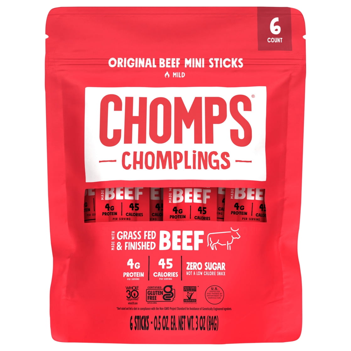 Chomplings Original Beef Mini Jerky Meat Sticks, 4g of Protein (6 Count)