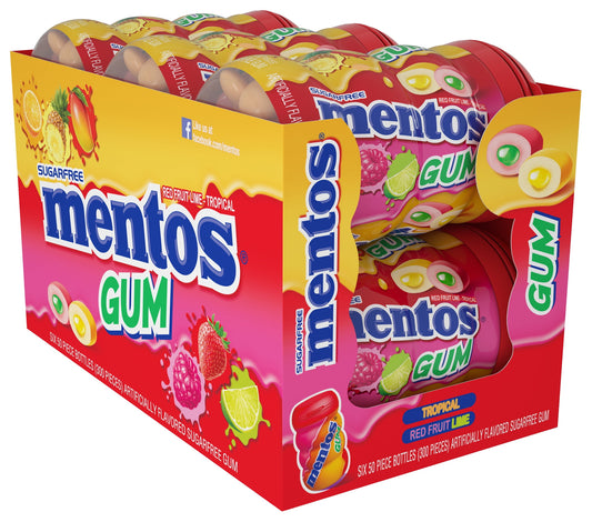 Mentos Gum, Tropical Red Fruit Lime, Sugar Free, 50 Pieces (Pack of 6)