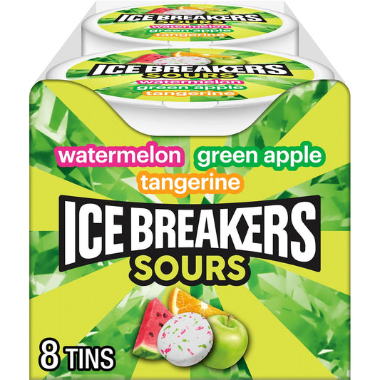 Ice Breakers Sours Assorted Fruit Flavored Sugar Free Mints, Tins 1.5 oz, 8 Count