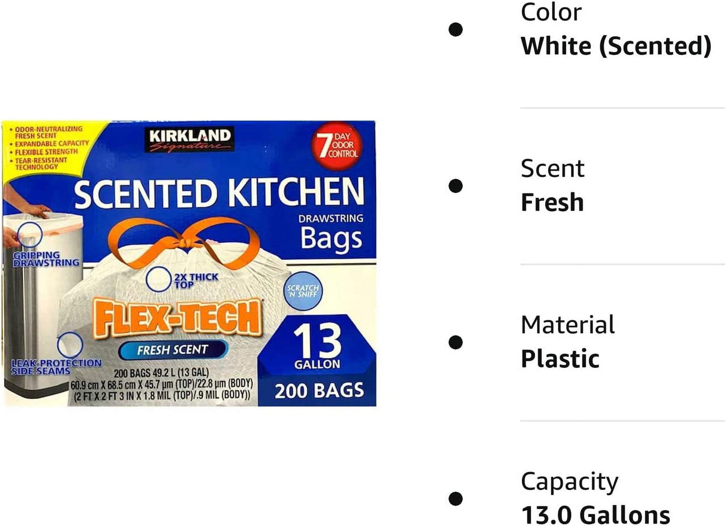 Kirkland Signature Flex-Tech Scented Kitchen Trash Bags, 13 Gallon, Fresh Scent, 200 ct