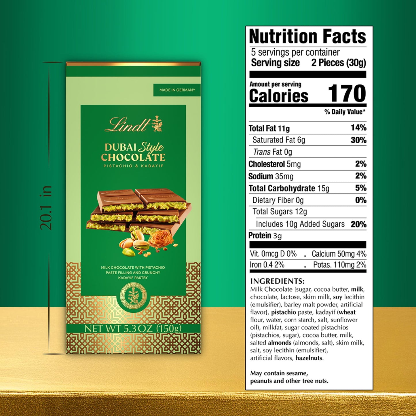 Lindt Dubai Style Milk Chocolate Candy with Pistachio & Kadayif, 5.3 oz. Bar
