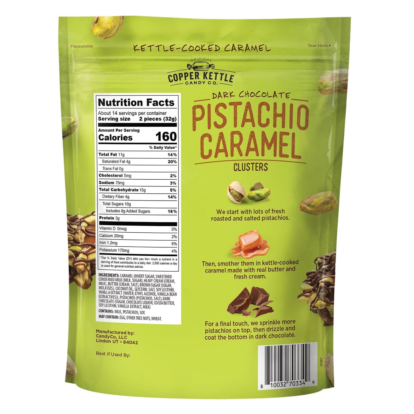 Copper Kettle Candy Co Dark Chocolate Pistachio Caramel Clusters 16 oz