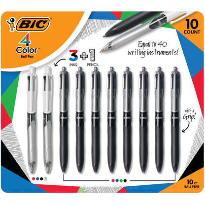 BIC Grip 4 Color Ball Pens with 3 Color + Pencil Set, 10-count