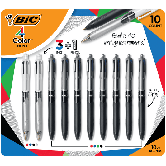 BIC Grip 4 Color Ball Pens with 3 Color + Pencil Set, 10-count