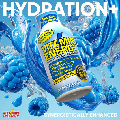 Vitamin Energy Hydration+ Energy Drink Shots, Blue Raspberry flavor, Up to 7+ Hours of Energy, 1.93 Fl Oz, 12 Count