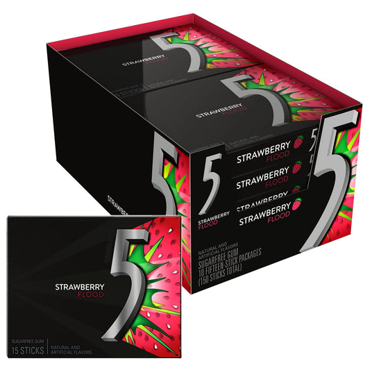 5 Gum Strawberry Flood Sugarfree Gum, 10 Packs