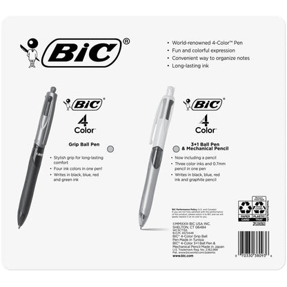 BIC Grip 4 Color Ball Pens with 3 Color + Pencil Set, 10-count