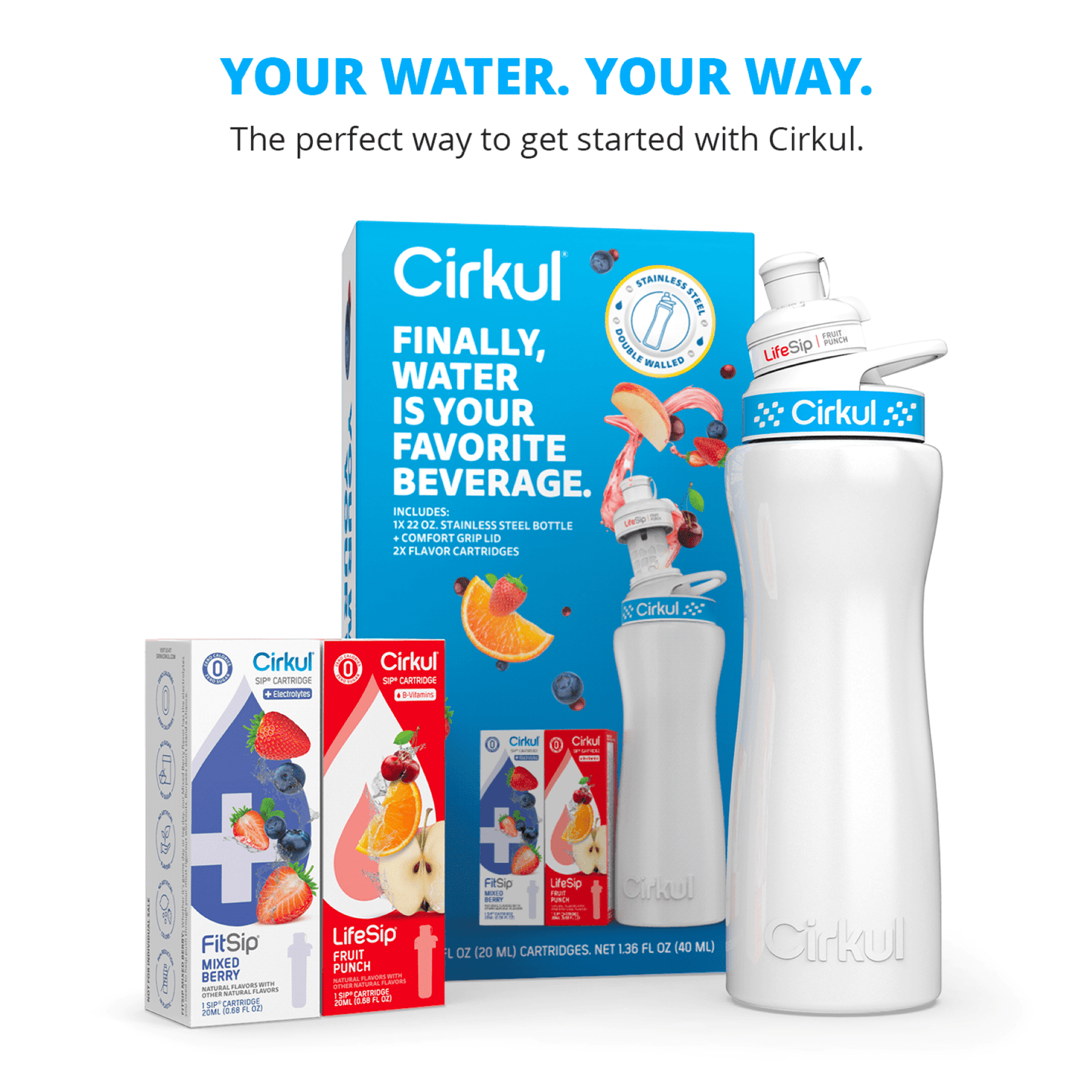 Cirkul 22 oz White Stainless Steel Bottle Starter Kit with Blue Lid and 2 Flavor Cartridges (Fruit Punch & Mixed Berry)