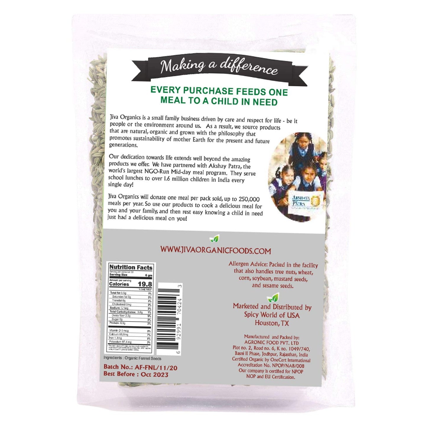 Jiva Organics Whole Fennel Seed, 7 Oz