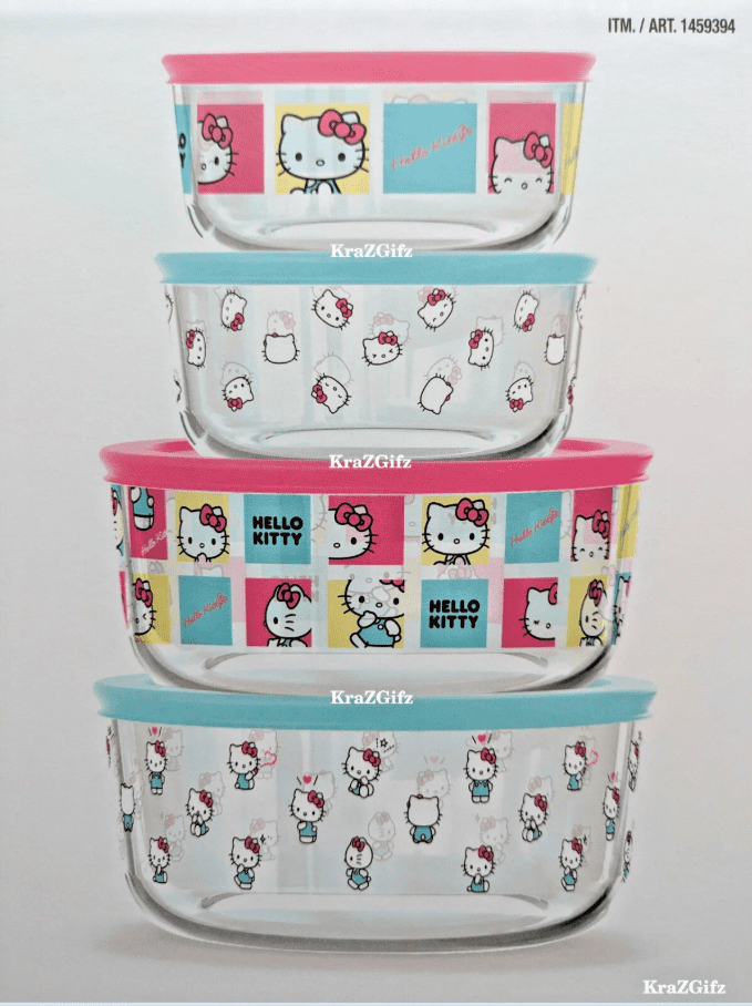 Pyrex Hello Kitty Decorated Glass Food Storage Set, 8-Piece, BPA-Free, Made in USA