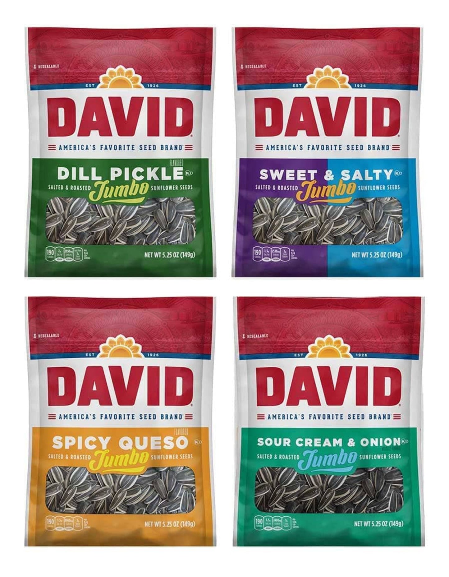 David Sunflower Seeds Variety Pack, 4 Flavorful Flavors, 5.25 Ounce Each, 1 Bag per Flavor