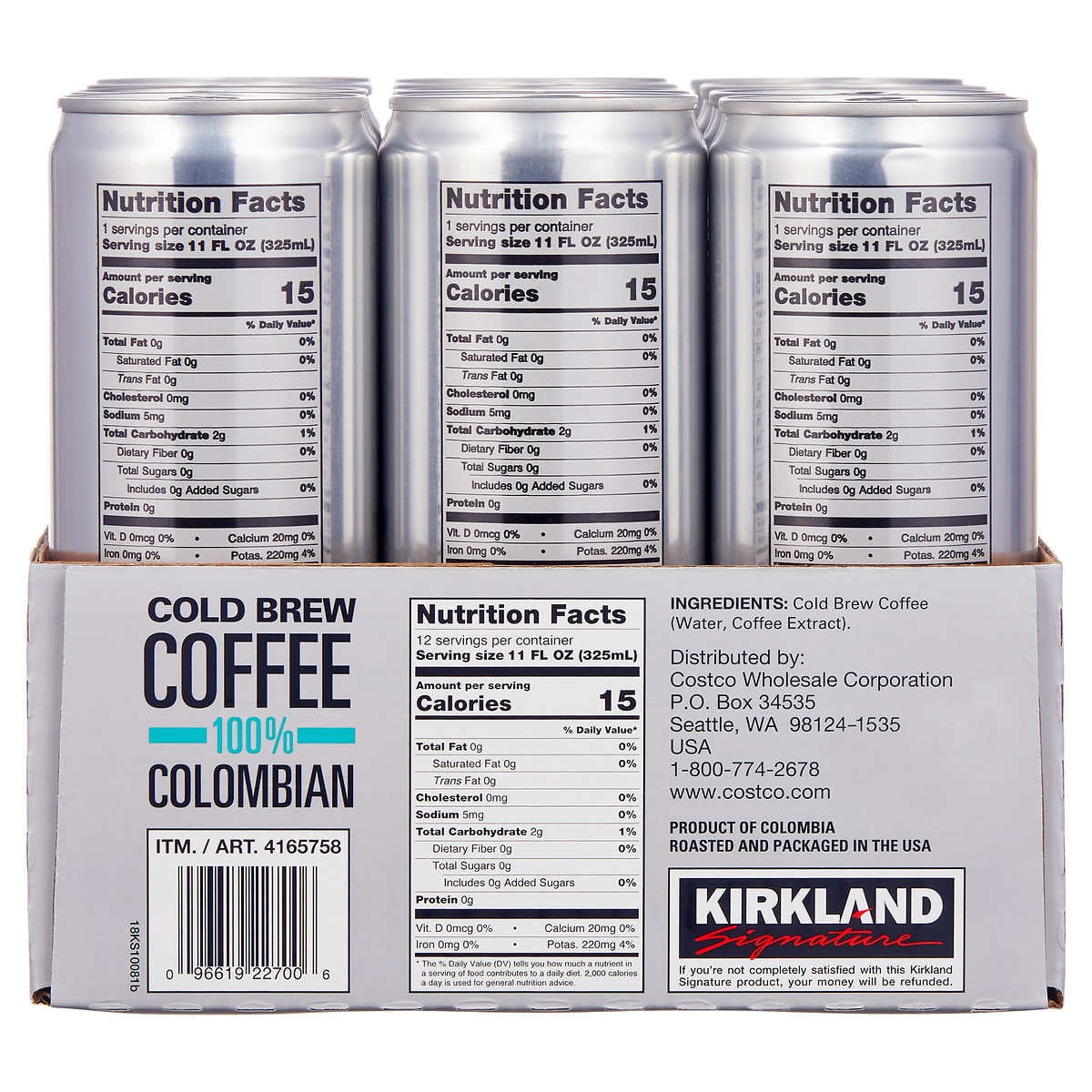 Kirkland Signature Colombian Cold Brew Coffee 12-count 11 oz cans