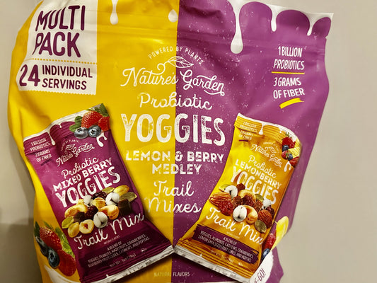 Nature's Garden Probiotic Yoggies Lemon-Berry and Berry Medley Trail Mix 24 Bags of 1 oz each, Yogurt Covered Fruits,High Fiber, Real Fruit Pieces, No Artificial Ingredients, Healthy Snack for Adults