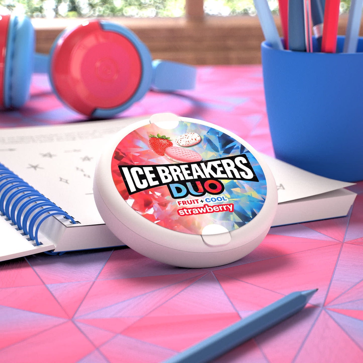 Ice Breakers Duo Fruit Plus Cool Strawberry Sugar Free Mints, Tins 1.3 oz, 8 Count