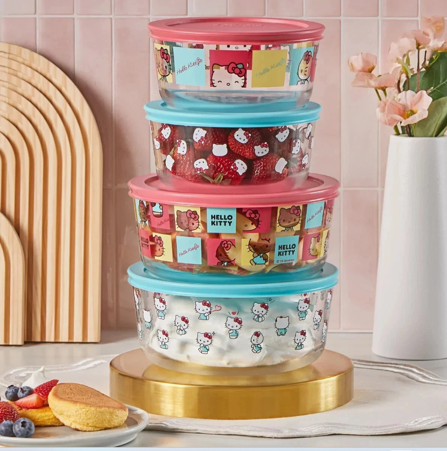 Pyrex Hello Kitty Decorated Glass Food Storage Set, 8-Piece, BPA-Free, Made in USA