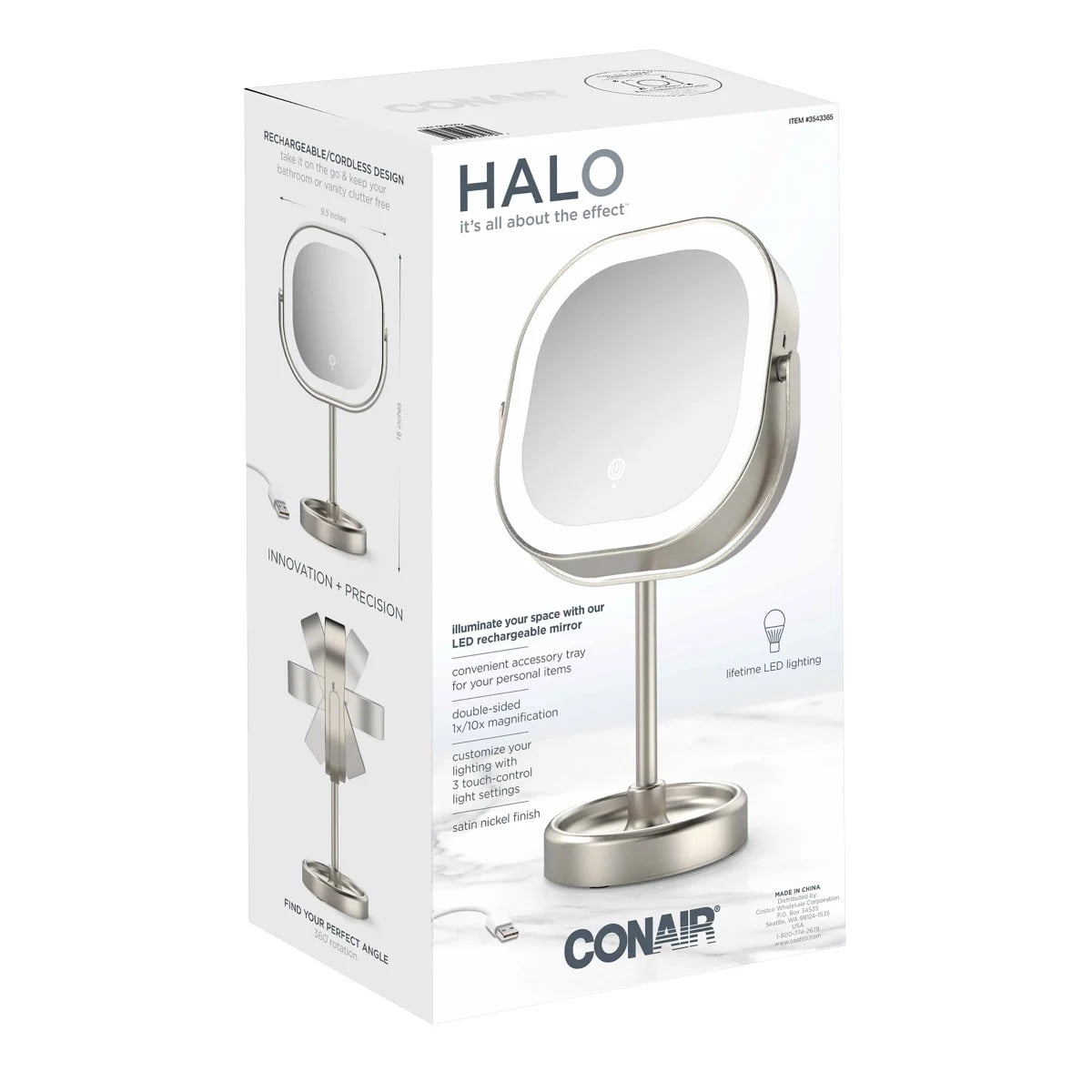 Conair Halo LED Double Sided 1x/10x Vanity Mirror 360? Rotation USB Rechargeable
