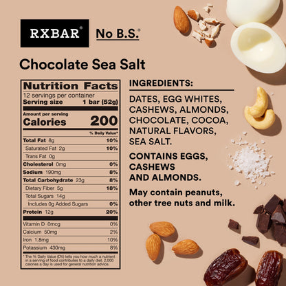 RXBAR Protein Bars Gluten-Free, Chocolate Sea Salt, 12 Count