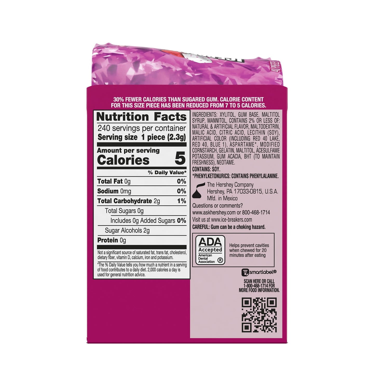 Ice Breakers Ice Cubes Raspberry Sorbet Sugar Free Chewing Gum, Bottles 3.24 oz, 6 Count, 40 Pieces
