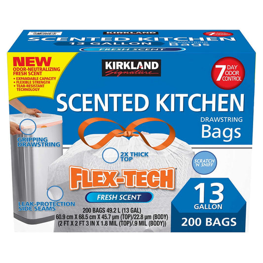 Kirkland Signature Flex-Tech Scented Kitchen Trash Bags, 13 Gallon, Fresh Scent, 200 ct