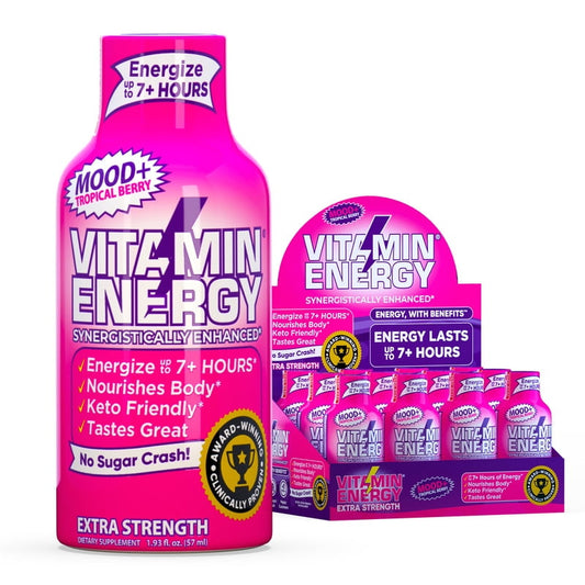 Mood Support Vitamin Energy Drink- Sugar Free, Keto/Vegan Friendly Shots, Mood Balancing with Rhodiola and Chamomile, Energize up to 7+ Hours, Tropical Berry- 1.93 Fl Oz- Pack of 12