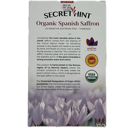 Secret Hint Organic Spanish Saffron, 1 Gram