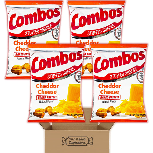 Combos Cheddar Cheese Flavored Baked Pretzel Bulk Pack - 4 Separate 6.3 oz Bags for Over 24 Ounces Total - Stuffed Pretzel Snacks for Road Trips, School, Work in Cornershop Confections Pack