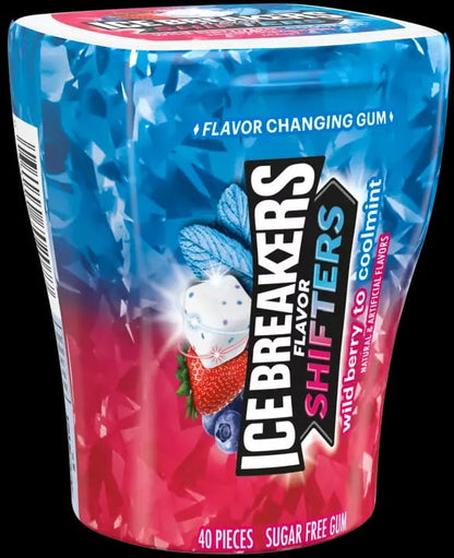 ICE BREAKERS FLAVOR SHIFTERS WILD BERRY/COOLMINT FLAVORS SUGAR-FREE GUM BOTTLE PACK BOX