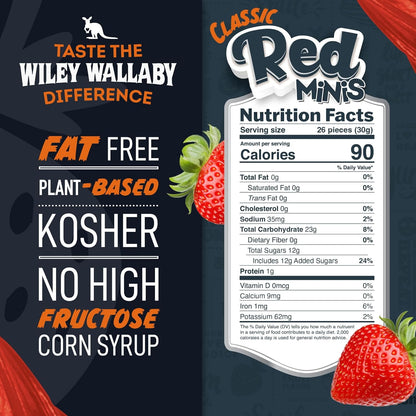 Wiley Wallaby Classic Red Mini Licorice Bites 3.5 Ounce Gourmet Soft & Chewy Australian Strawberry Licorice Candy Bags, 18 Pack