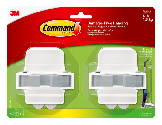 Command Broom and Mop Grippers Wall Hook, White, Damage Free Organizing, 2 Hangers