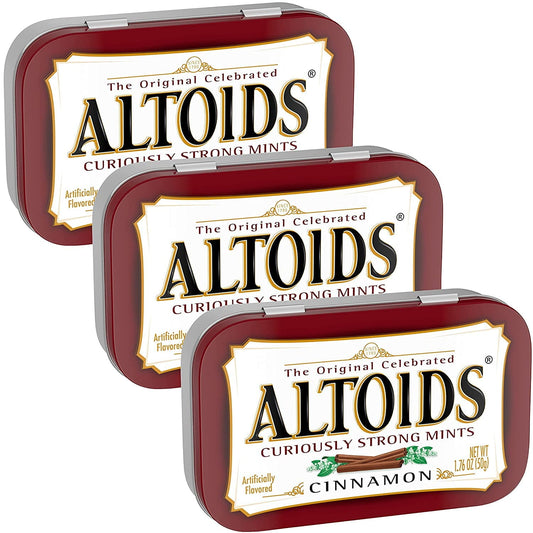 Mars Wrigley Confectionery ALTOIDS Curiously Strong Breath Mints,Individual Packs,1.76-Ounce Tins -Spearmint Wintergreen Great For Holidays, Parties, Gifts & More! (Cinnamon 1.76 Ounce, 3) Multicolor