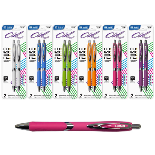 BAZIC Ciel Fuse Tech Ink Retractable Pen w/ Rubber Barrel, 0.7mm (2/Pack), 6-Pack