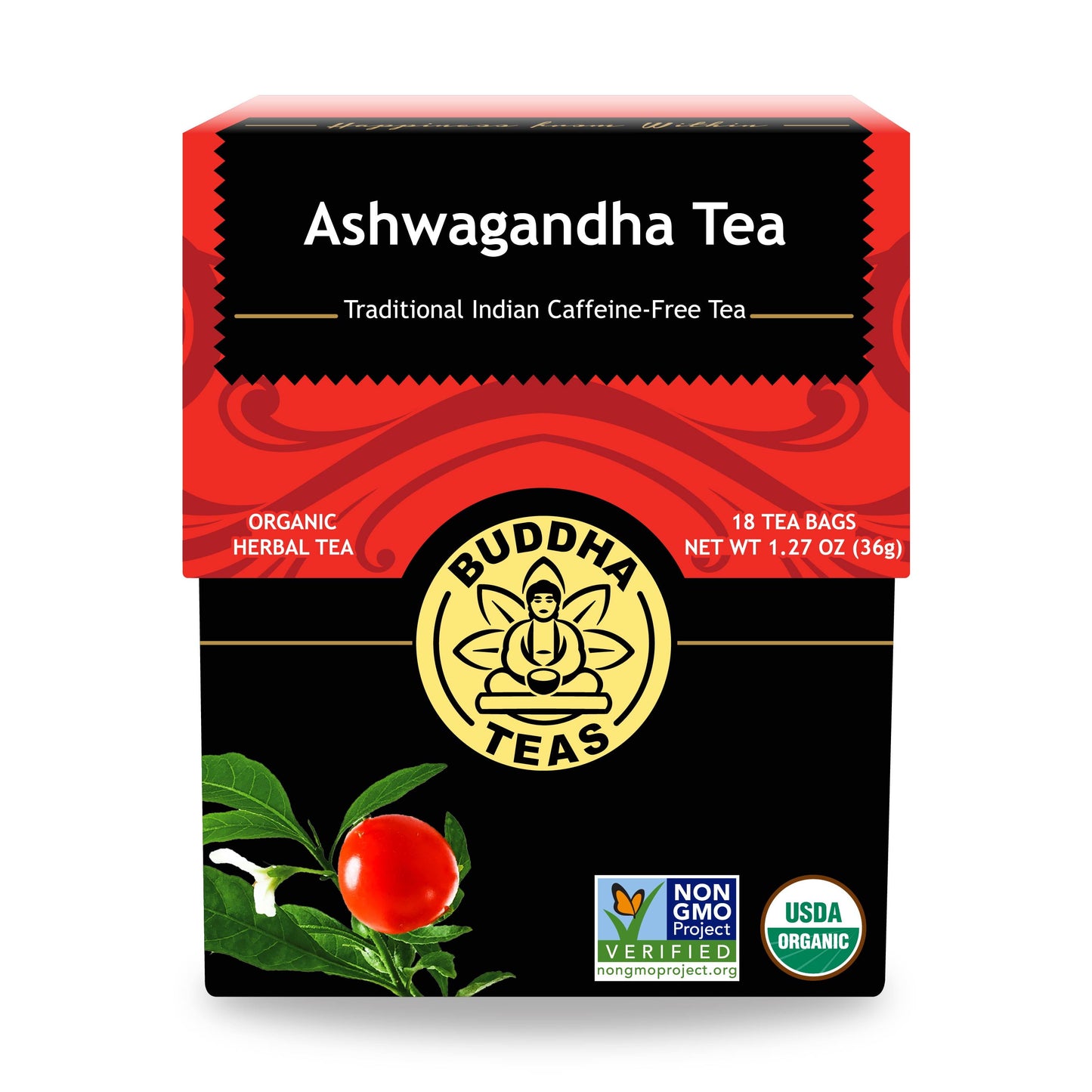 Buddha Teas Organic Ashwagandha Root Tea - Herbal Tea - For Health & Wellbeing - With Antioxidants & Minerals - Clean Ingredients - Caffeine Free - OU Kosher & Non-GMO - 18 Tea Bags (Pack of 1)