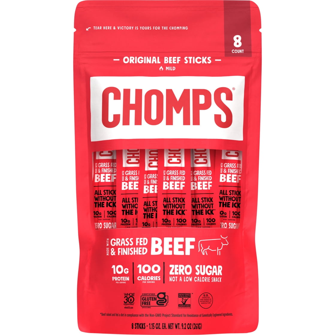 Chomps Grass-Fed and Finished Original Beef Jerky Meat Snack, 10g of Protein (8 Count)