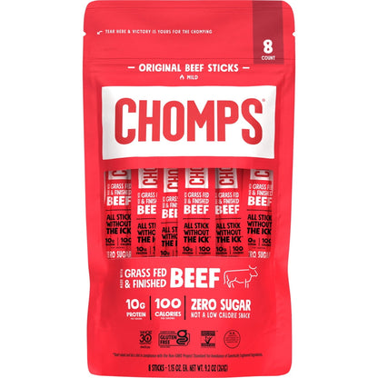 Chomps Grass-Fed and Finished Original Beef Jerky Meat Snack, 10g of Protein (8 Count)