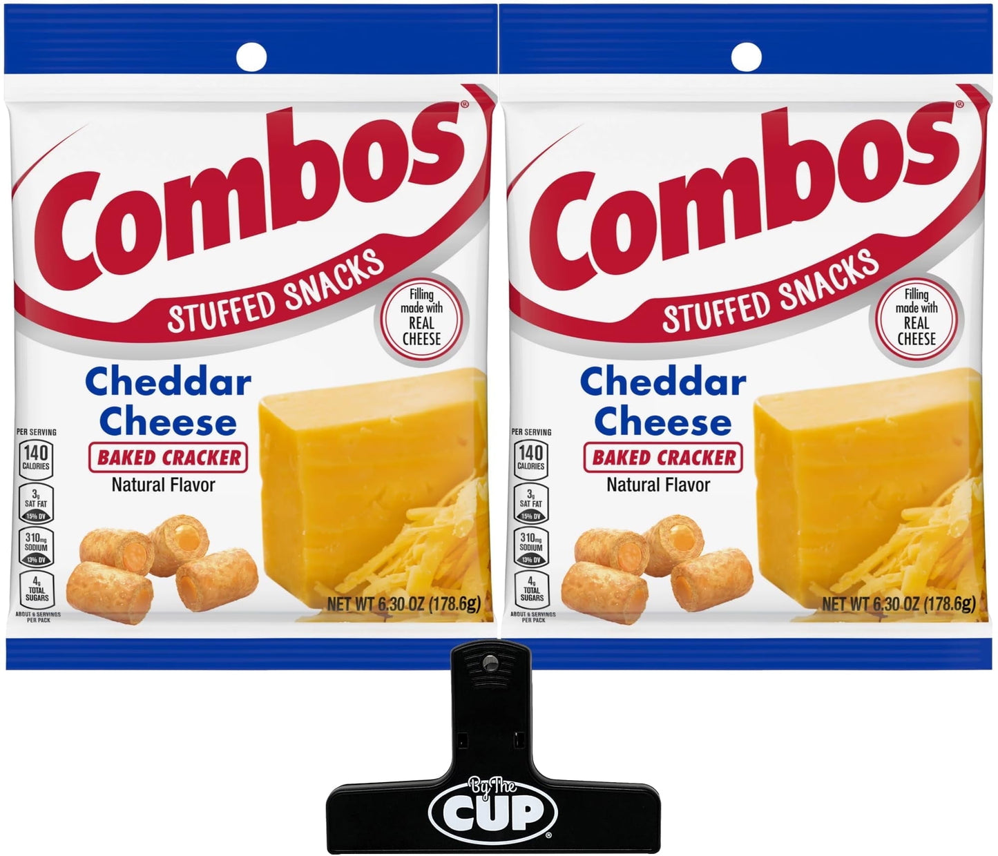 Combos Cheddar Cheese Baked Crackers, 6.3 oz Bag (pack of 2) with By The Cup Bag Clip