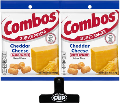 Combos Cheddar Cheese Baked Crackers, 6.3 oz Bag (pack of 2) with By The Cup Bag Clip
